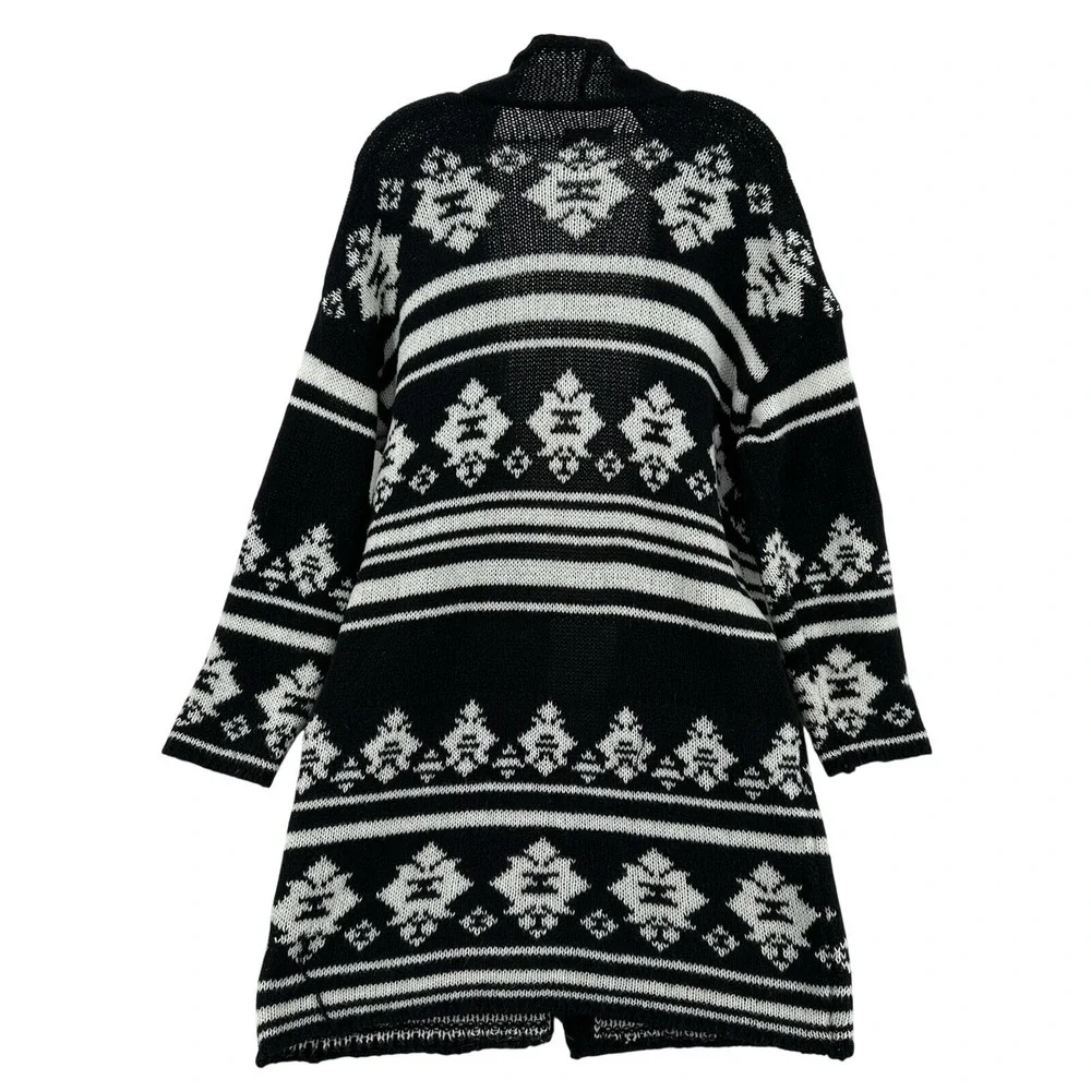 Knox Rose Women Sz M Black White Fair Isle Open Front Longline Cardigan Sweater